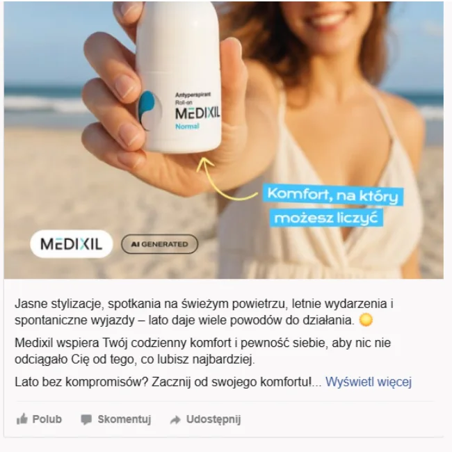 Przykład posta reklamowego z widocznym oznaczeniem AI generated na grafice